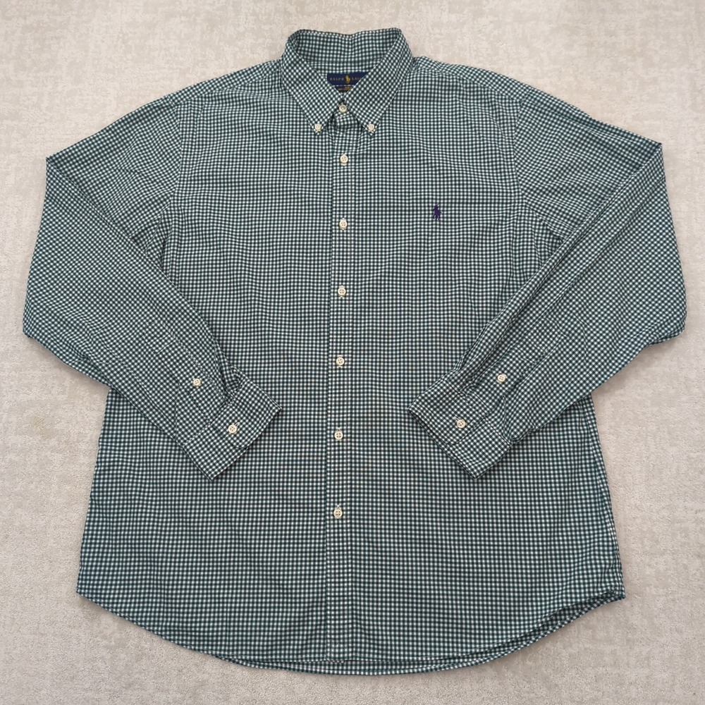 Ralph Lauren Button Down Shirt Mens XXL Green Gingham Slim Fit Stretch Pony - Picture 2 of 10